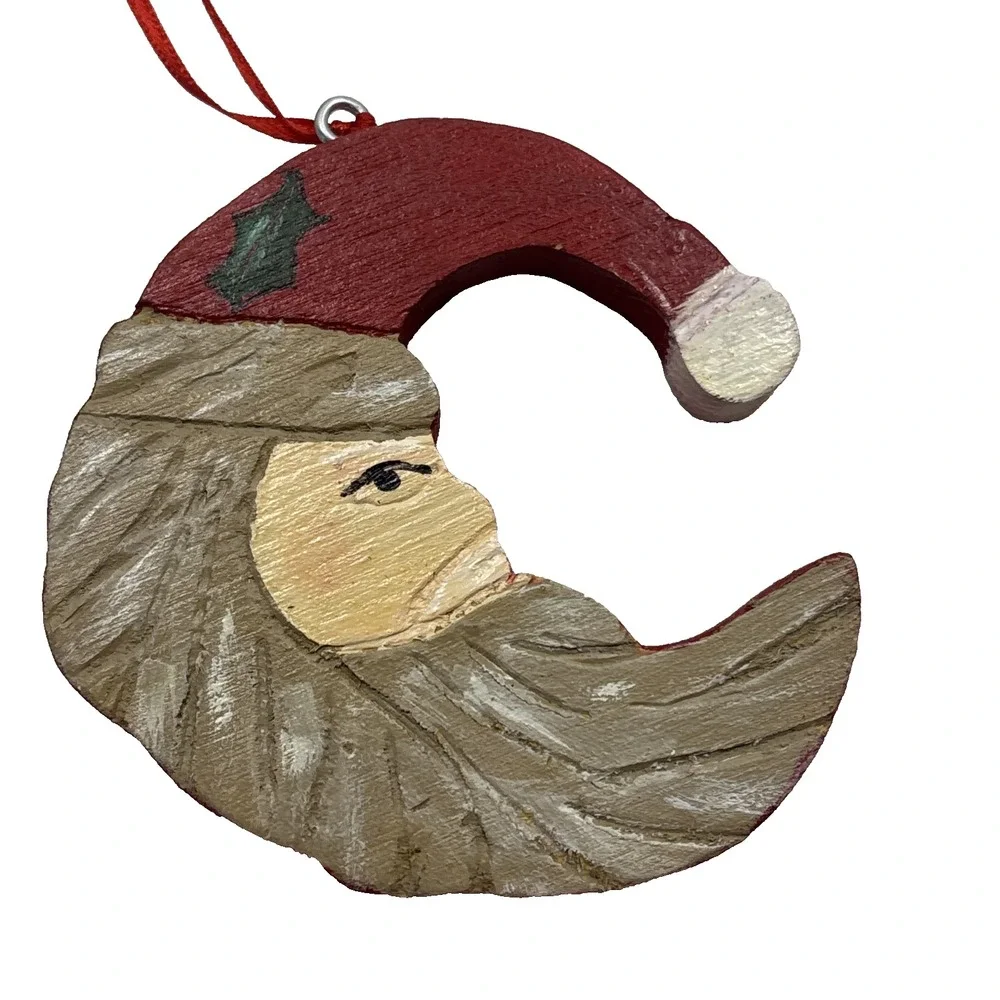 VTG Set Of 3‎ Wooden Ornaments Santa Hanger Articulated Star Santa Moon